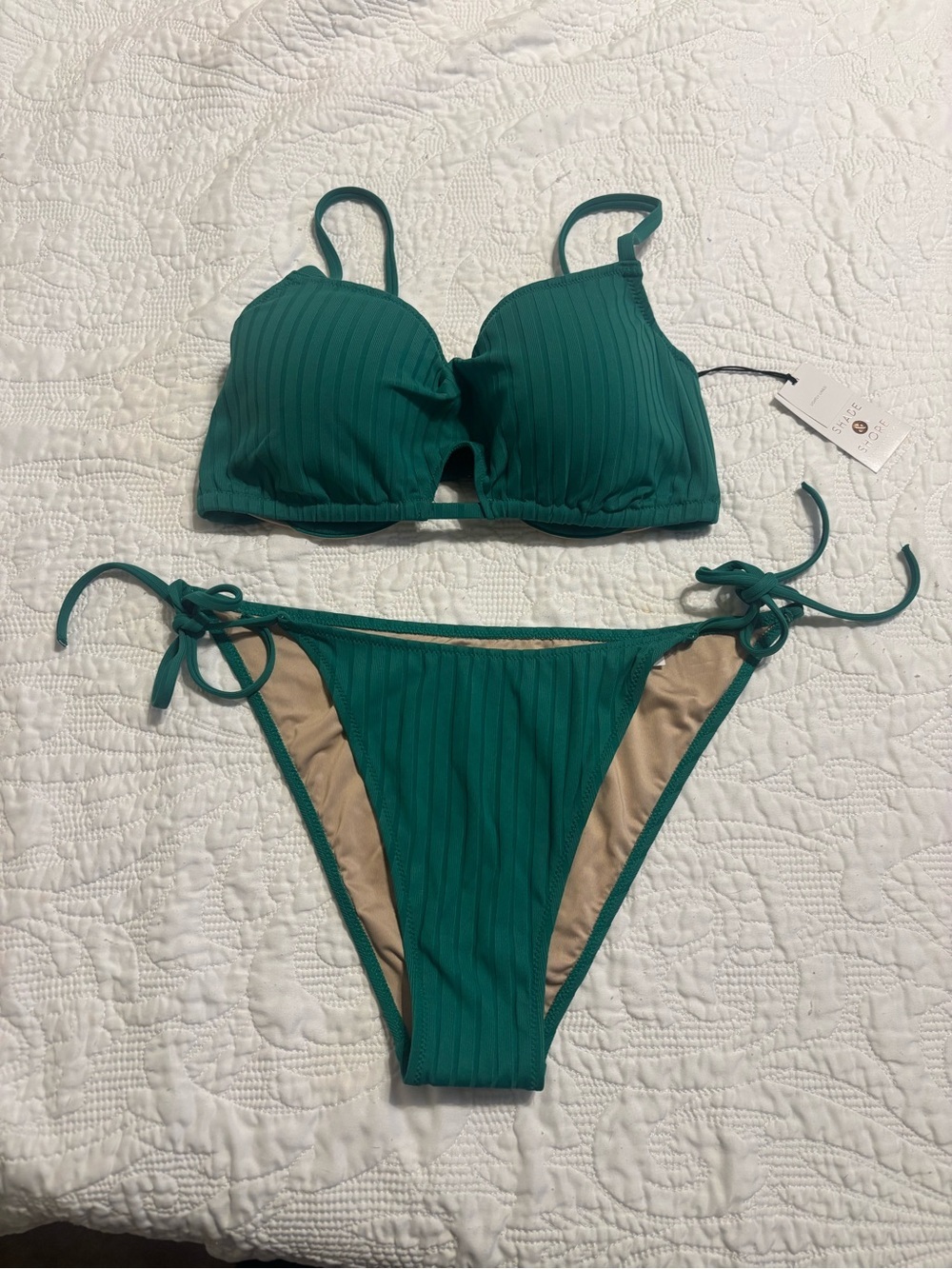 Shade & shore Green Ribbed Tie-Side Bikini Set - Women Swim 34c top large bottom